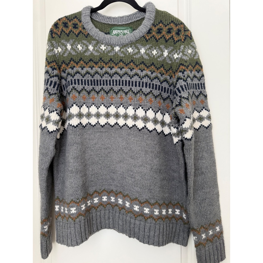 American Eagle Mens Grey Fair Isle Crewneck Sweater Size Large Knit Pullover
